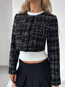 SHEIN EZwear Front Button Long Sleeve Checkered Casual Tweed Cropped Jacket - Black and White - View 4
