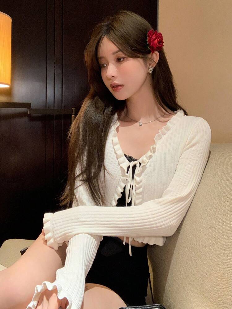 Women's Casual Solid Color Frill Trim Tie Front Cropped Cardigan, Spring/Autumn,Fall Women Clothes