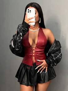 Slaydiva 挂脖系带露背短款上衣 - 酒紅色 - 查看 1