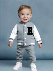 SHEIN Bộ 2 món/bộ quần áo bóng chày thời trang dễ thương, thể thao & phong cách học đường, đa năng, thoải mái cho bé trai, phù hợp mặc vào mùa thu đông, lót nhiệt, dày dặn - Xám - Xem 1