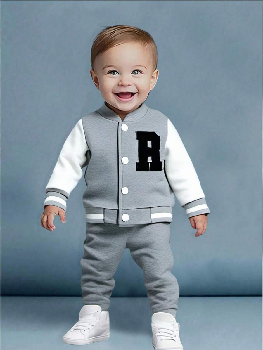 SHEIN Bộ 2 món/bộ quần áo bóng chày thời trang dễ thương, thể thao & phong cách học đường, đa năng, thoải mái cho bé trai, phù hợp mặc vào mùa thu đông, lót nhiệt, dày dặn - Xám - Xem 1