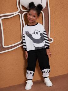 We Bare Bears X SHEIN 2pcs/Set Young Girl Cartoon Selfie Bear Print Striped Sleeve White Casual Round Neck Sweatshirt And Black Cute Casual Pants - Black and White - View 6