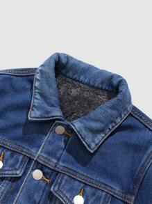 SHEIN 青少年男孩时尚休闲蓝色牛仔布内衬，更加保暖，羊绒翻领内里，舒适保暖，长袖夹克，适合日常穿着和秋冬季儿童服装 - 藍色 - 查看 5