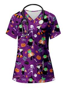 PopScrub 万圣节可爱卡通字母骷髅、吸血鬼、女巫和鬼魂印花 V 领短袖口袋护士制服女式手术服上衣 - 紫羅蘭色 - 查看 1