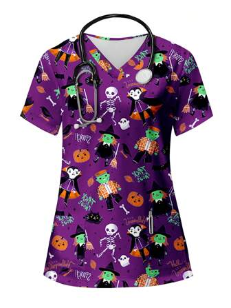 PopScrub 万圣节可爱卡通字母骷髅、吸血鬼、女巫和鬼魂印花 V 领短袖口袋护士制服女式手术服上衣