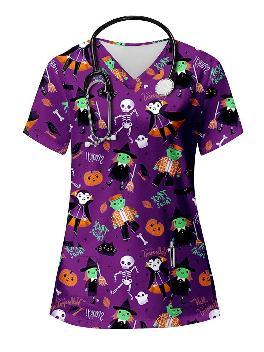 PopScrub 万圣节可爱卡通字母骷髅、吸血鬼、女巫和鬼魂印花 V 领短袖口袋护士制服女式手术服上衣 - 紫羅蘭色 - 查看 1