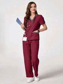 TaskEZ 勃艮第红撞色短袖上衣和裤子护理服套装