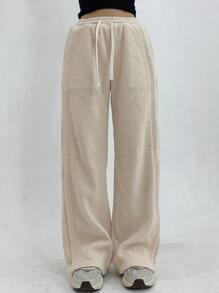 DAZY Pantalones anchos de unicolor, holgados y con forro térmico grueso, con cordón, cintura elástica y bolsillos, para mujer, con forro térmico para otoño e invierno - Beis - Ver 9