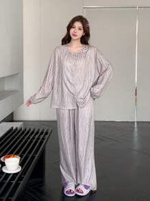 DAZY 女士纹理扎染印花褶皱设计长袖上衣和裤子宽松睡衣套装 - 灰色 - 查看 3