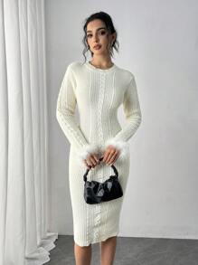 SHEIN Unity 1 件羽毛装饰修身长裙，秋冬 - 杏色 - 查看 3