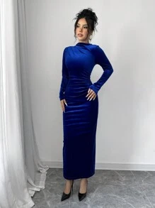 Selianne 1pc Velvet Asymmetric Pleated Slit Dress, Suitable For Date Night Maxi Women Outfit Fall Cloth For Women - Royal Blue - View 4
