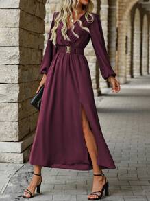 EMERY ROSE 女士纯色斜领灯笼袖松紧腰高开叉连衣裙长款女装 - 紫紅色 - 查看 4