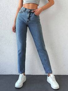SHEIN Cottnline Zipper Fly Tapered Jeans - Medium Wash - View 4