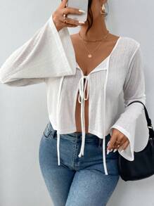 SHEIN Frenchy Women Plus Size Tie Front Twist Long Sleeve Top - White - View 4