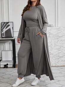 SHEIN LUNE Plus Size Solid Color Long Cardigan, Tank Top And Pants 3pcs Set, Casual For Autumn - Grey - View 6
