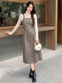 DAZY 女士休闲收腰人字形长裙，秋季 - 卡其色 - 查看 2