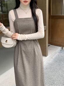 DAZY 女士休闲收腰人字形长裙，秋季 - 卡其色 - 查看 6