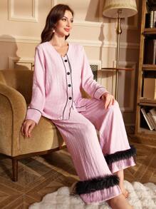 PalaceNights Contrast Color Fringe Fuzz Decor Open Front Long Sleeve Pajama Set For Women - Pink - View 1