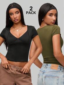 SHEIN BASICS 2pcs/Set Basic Solid Color V-Neck Short Sleeve Fitted Women T-Shirts - Multicolor - View 1