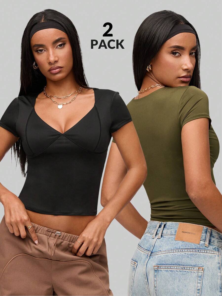 SHEIN BASICS 2pcs/Set Basic Solid Color V-Neck Short Sleeve Fitted Women T-Shirts - Multicolor - View 1