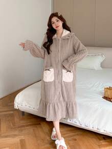 DAZY Oversized Flannel Ruffle Trim Loose Fit Open Front Hooded Robe Fluffy,Thermal Lined Fall,Winter - Khaki - View 6