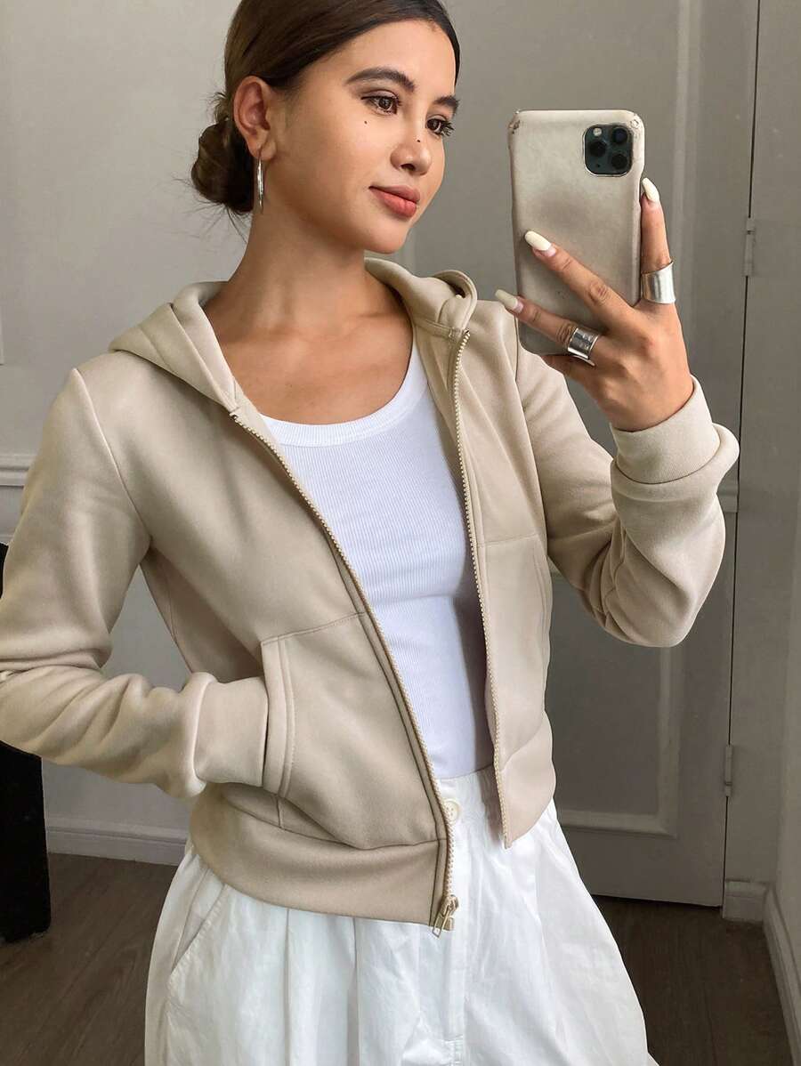 Livesso 新款秋季连帽修身基础款女式卫衣，秋季女装外套拉链连帽衫 - 卡其色 - 查看 1