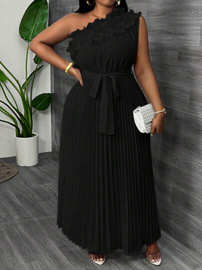 Slaydiva Plus Size Elegant Luxurious Asymmetric Shoulder Ruffle Waist Pleated Dress, Apricot, Summer