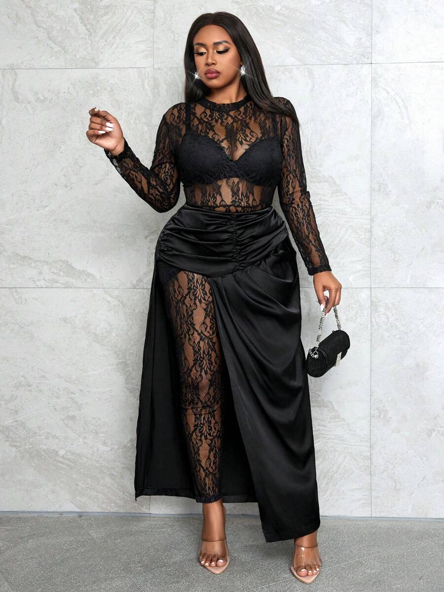 Slaydiva 2pcs/Set Plus Sexy Party Slim Fit Long Sleeve Lace Jumpsuit + Satin Split Hem Skirt, Autumn/Winter