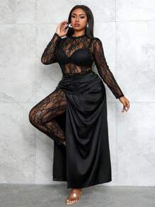 Slaydiva 2pcs/Set Plus Sexy Party Slim Fit Long Sleeve Lace Jumpsuit + Satin Split Hem Skirt, Autumn/Winter