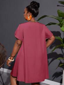 Slaydiva Plus Size Resort Casual Non-Stretch Woven Loose A-Line Green Twist Knot Dress For Women - Rusty Rose - View 2