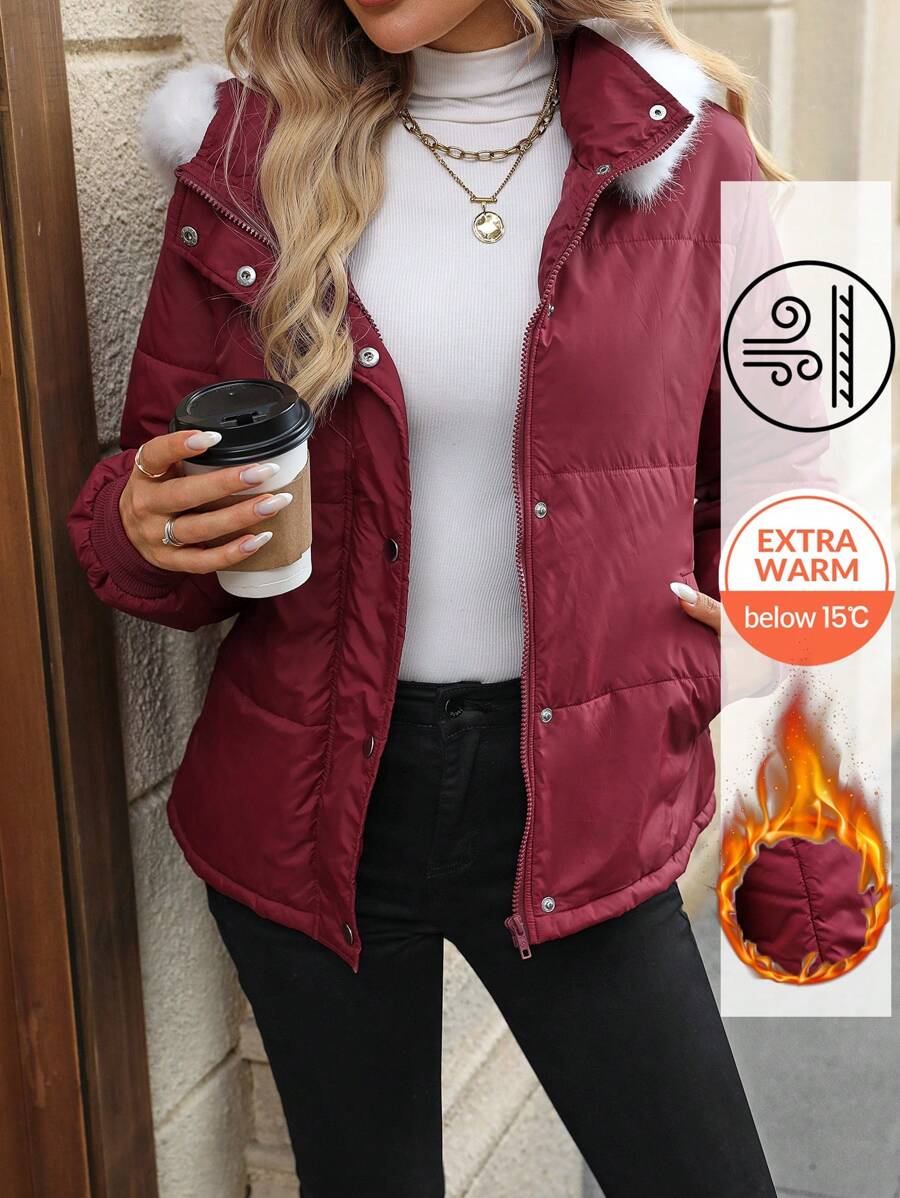 SHEIN LUNE Maroon Long Sleeve Loose Quilted Padded Coat With Removable Fur Collar And Pockets - Redwood - View 1