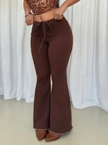 TrendSteals 女式休闲纯色抽绳紧身喇叭牛仔裤 - 鏽棕色 - 查看 3