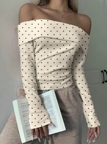SHEIN EZwear 1 件女式波尔卡圆点露肩修身长袖上衣，百搭，可与长袖 T 恤搭配，秋冬 - 杏色 - 查看 3
