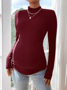SHEIN 1 件孕妇秋季立领长袖罗纹修身 T 恤，适合孕妇 - 酒紅色 - 查看 6