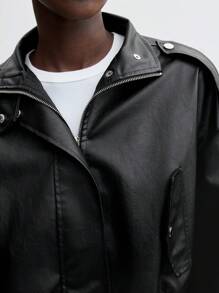 BizChic 黑色PU皮机车夹克，女士休闲长袖，适合派对、办公穿着，春夏圣诞节皆宜。 - 黑色 - 查看 5