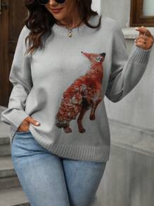 SHEIN LUNE Plus Size Casual Animal Pattern Drop Shoulder Sweater, Herfst/Winter