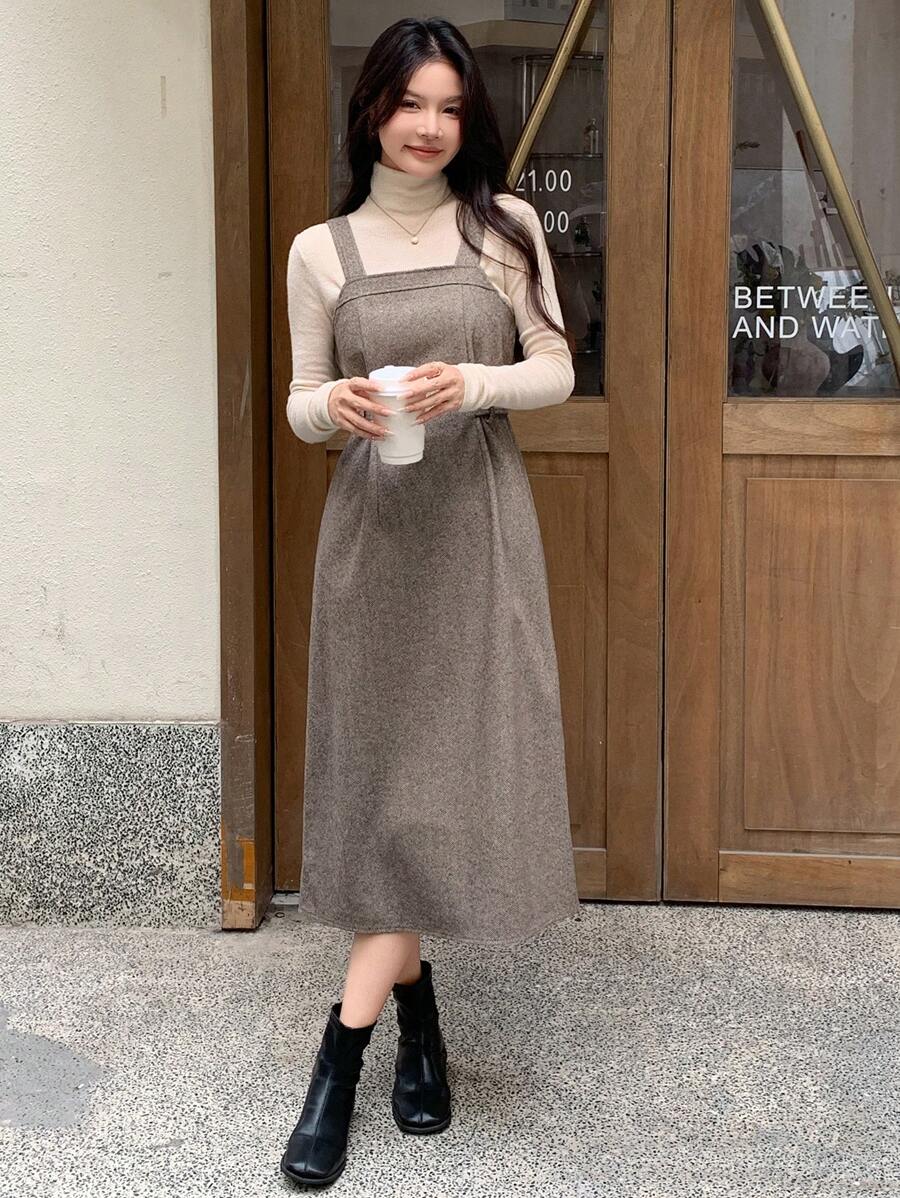 DAZY 女士休闲收腰人字形长裙，秋季 - 卡其色 - 查看 1