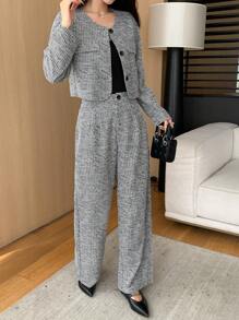 DAZY 2pcs Women Elegant Commuting Set, Including Long Sleeve Single-Breasted Jacket And Pants, Autumn,Fall Women Clothes - Grey - View 2