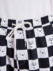 We Bare Bears X SHEIN Men Casual Loose Knit White Bear Graphic Print Hoodie And Checkerboard Sweatpants 2-Piece Set - White - View 4