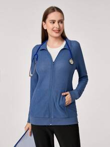 TaskEZ Chaqueta casual de uniforme de atención médica con cremallera frontal, cuello alto y manga larga de un solo color