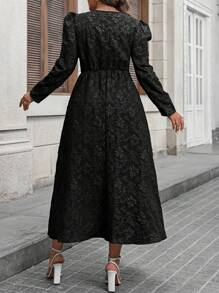 Flirla 大码女式优雅方领泡泡袖提花提花连衣裙，春秋季长款女装 - 黑色 - 查看 2