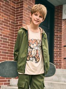 SHEIN 2 件 Tween Boy 休闲保暖内衬绿色连帽衫和宽松工装裤套装，秋冬 - 軍綠色 - 查看 6