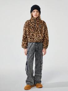 SHEIN 青少年女孩贴花部分拉链口袋豹纹长袖连帽衫，冬季 - 彩色 - 查看 5