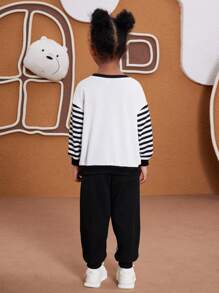 We Bare Bears X SHEIN 2pcs/Set Young Girl Cartoon Selfie Bear Print Striped Sleeve White Casual Round Neck Sweatshirt And Black Cute Casual Pants - Black and White - View 7