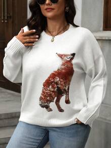 SHEIN LUNE 大码女式狐狸图案圆领落肩长袖休闲套头毛衣，适合秋冬季穿着。 - 白色 - 查看 4