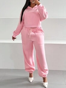 Maweii Conjunto de 2 piezas talla grande: sudadera holgada con bolsillo delantero y pantalón con cintura elástica para mujer, conjunto de atuendo informal - Rosa Pálido - Ver 6