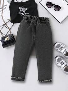 SHEIN Young Girl' Y2K Halloween Graphic Patchwork Black Denim Wide Leg Pants,Girl Fall And Winter Clothes,Street Wear Denim Jeans - Dark Grey - View 2