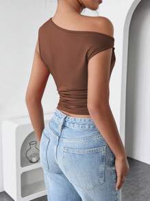 INAWLY Women's Summer Solid Color Ruched Fitted Stylish Asymmetric Shoulder Top - Brown - View 2
