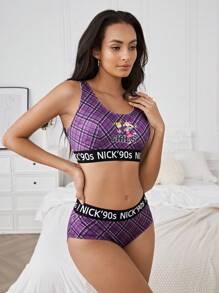 Nick 90s | SHEIN Purple Plaid & Cartoon Print, Cute, Comfy Basic Sports Bra & Panty Set For Women - Purple - View 6