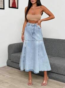 EURMUSE High Waist Flared Hem Denim Skirt - Blue - View 4